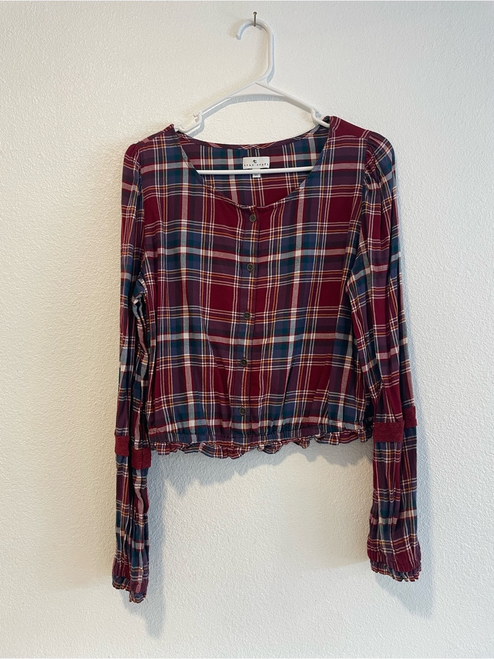 100% Cotton True Craft Dark Red/Blue Plaid Button-Front Long Sleeve Peasant Top
